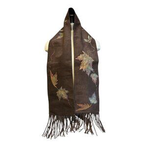 Brown Suede Fringed Scarf With Leaf Embroidery By Strévé Canada